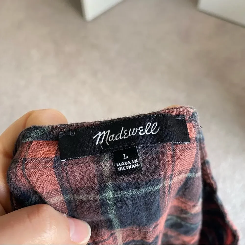 Madewell Preppy V-Neck Plaid Gathered Slightly Shrunken Puff Sleeve Casual Top